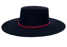 Load image into Gallery viewer, Cordobes hat composed of vegan suede navy blue color and with a red double braid, right side view