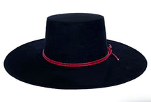 Load image into Gallery viewer, Cordobes hat composed of vegan suede navy blue color and with a red double braid, front view
