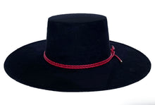 Load image into Gallery viewer, Cordobes hat composed of vegan suede navy blue color and with a red double braid, front view