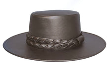 Load image into Gallery viewer, Cordobes hat in bronze color crafted with a metallic vegan leather made from nopal, finished with double braided trim, left side view