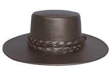 Load image into Gallery viewer, Cordobes hat in bronze color crafted with a metallic vegan leather made from nopal, finished with double braided trim, front view