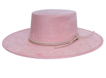 Load image into Gallery viewer, Vegan suede hat in soft pink color, finished with a statement double braid, left side view