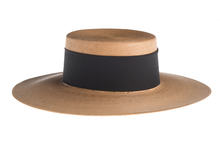 Load image into Gallery viewer, Straw hat tan color made of palm leaves and secured with a wide cotton trim and crisscross design, right side view