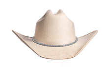 Load image into Gallery viewer, A light beige cowboy hat with a textured felt finish and a sparkling silver band around the crown, shown against a solid white background.