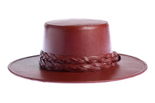Load image into Gallery viewer, Cordobes hat in cherry color crafted with an innovative metallic vegan leather made from nopal, finished with double braided trim, front view

