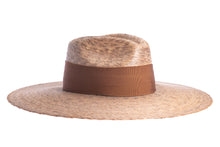 Load image into Gallery viewer, Straw hat braided with palm leaves in natural color and completed with a brown rustic cotton braided trim, right side view