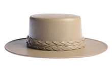 Load image into Gallery viewer, Cordobes hat in tan color crafted with an innovative metallic vegan leather made from nopal, finished with double braided trim, right side view