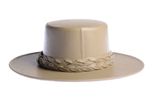 Load image into Gallery viewer, Cordobes hat in tan color crafted with an innovative metallic vegan leather made from nopal, finished with double braided trim, back view