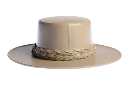 Cordobes hat in tan color crafted with an innovative metallic vegan leather made from nopal, finished with double braided trim, back view