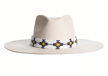 Load image into Gallery viewer, Wool hat in white with an elegant structured crown, finished with a fine hand embroidered beaded trim, front view