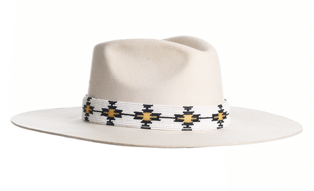 Wool hat in white with an elegant structured crown, finished with a fine hand embroidered beaded trim, right side view