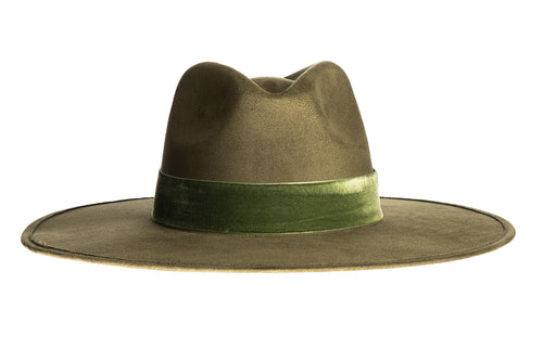 Suede hat with a stiffened crown and shaped into a clean and ridged design which is finished with a velvet trim, front view