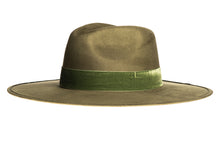 Load image into Gallery viewer, Suede hat with a stiffened crown and shaped into a clean and ridged design which is finished with a velvet trim, left side view