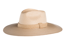 Load image into Gallery viewer, Straw hat in natural color made with palm leaves and completed with a rustic cotton braided trim, left side view