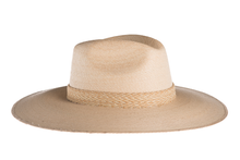 Load image into Gallery viewer, Straw hat in natural color made with palm leaves and completed with a rustic cotton braided trim, right side view