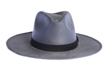 Load image into Gallery viewer, Rancher suede hat with an stiffened crown and shaped into a clean and ridged design and finished with a double bound synthetic suede tan trim, front view