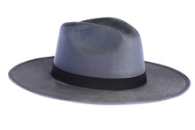 Load image into Gallery viewer, Rancher suede hat with an stiffened crown and shaped into a clean and ridged design and finished with a double bound synthetic suede tan trim, right side view