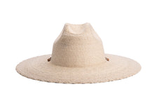Load image into Gallery viewer, A natural straw cowboy hat with a brown leather band and matching chin strap, shown on a plain white background. Back side