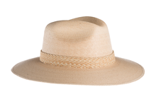Load image into Gallery viewer, Straw hat in natural color interlaced with palm leaves and with a rustic cotton braided trim, right side view