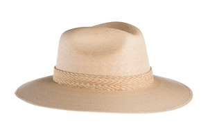 Straw hat in natural color interlaced with palm leaves and with a rustic cotton braided trim, right side view