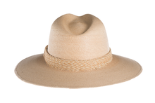 Load image into Gallery viewer, Straw hat in natural color interlaced with palm leaves and with a rustic cotton braided trim, back view