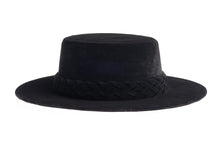 Load image into Gallery viewer, Cordobes hat composed of soft velour fabric in deep black with a matching statement double braid, right side view