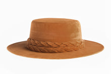 Load image into Gallery viewer, Cordobes vegan velour fabric hat with a double braid trim in camel color, right side view

