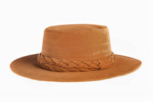 Load image into Gallery viewer, Cordobes vegan velour fabric hat with a double braid trim in camel color, left side view
