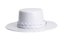 Load image into Gallery viewer, Cordobes white patent vegan leather hat with a white double braid trim, front view
