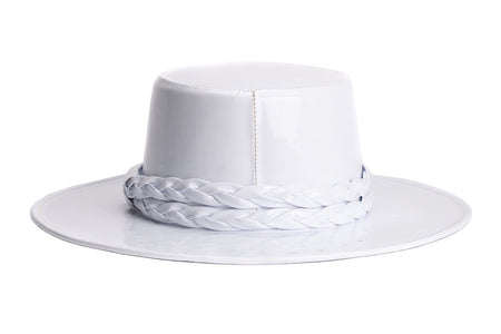 Cordobes white patent vegan leather hat with a white double braid trim, back view
