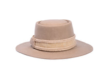 Load image into Gallery viewer, Hat made of the finest camel tan wool with a hand elaborated bow composed of jute fiber trim, front side view
