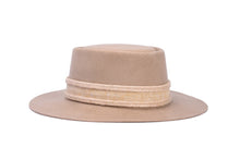Load image into Gallery viewer, Hat made of the finest camel tan wool with a hand elaborated bow composed of jute fiber trim, left side view