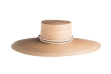 Load image into Gallery viewer, Hat with a flat top crown braid with palm leaves in natural color and an embroidered trim, back view