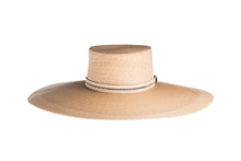 Load image into Gallery viewer, Hat with a flat top crown braid with palm leaves in natural color and an embroidered trim, front view