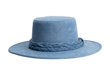 Load image into Gallery viewer, Blue denim hat cordobes style with double braided trim, front view
