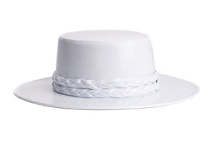 Cordobes white patent vegan leather hat with a white double braid trim, right side view