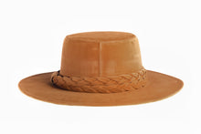 Load image into Gallery viewer, Cordobes vegan velour fabric hat with a double braid trim in camel color, back view
