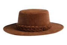 Load image into Gallery viewer, Brown hat composed of soft velour fabric with a double braid, left side view
