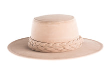 Load image into Gallery viewer, Nude cordobes hat made of soft velour fabric with a statement double braid trim, front view
