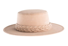 Load image into Gallery viewer, Nude cordobes hat made of soft velour fabric with a statement double braid trim, right side view
