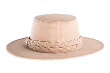 Load image into Gallery viewer, Nude cordobes hat made of soft velour fabric with a statement double braid trim, back view
