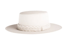 Load image into Gallery viewer, White vegan leather hat cordobes style with double braided trim, left side view
