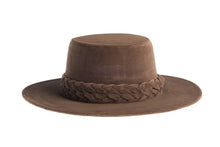 Load image into Gallery viewer, Brown hat cordobes style made of vegan velour fabric with double braided trim, front view
