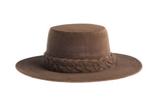 Load image into Gallery viewer, Brown hat cordobes style made of vegan velour fabric with double braided trim, front view