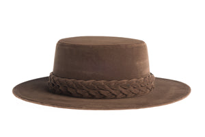 Brown hat cordobes style made of vegan velour fabric with double braided trim, right side view