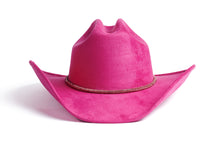 Load image into Gallery viewer, A bright pink cowboy hat made of suede-like material, featuring a textured metallic band around the crown, set against a plain white background.

