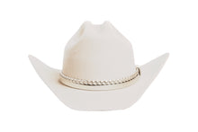 Load image into Gallery viewer, A white cowboy hat with a textured crown and a braided cream band, shown against a plain white background.
