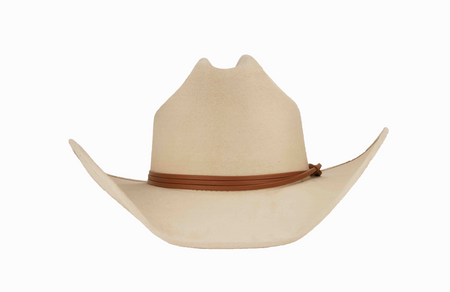 A light beige cowboy hat with a brown leather band, shown from the front on a solid white background.