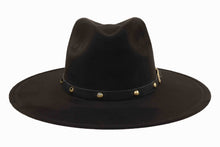 Load image into Gallery viewer, Black fedora hat with a band featuring gold studs on a white background
