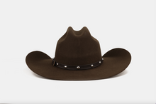 Load image into Gallery viewer, A brown wool cowboy hat with a dark brown leather band adorned with silver studs, shown against a plain white background.
